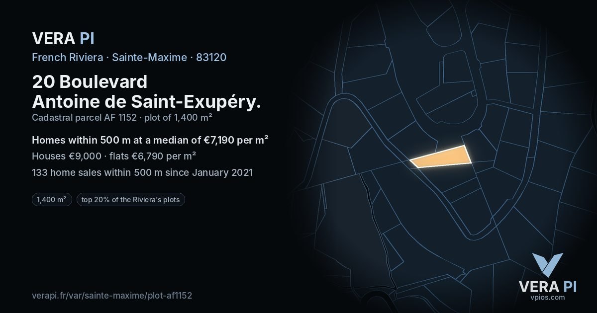 20 Boulevard Antoine de Saint-Exupéry, Sainte-Maxime at night – the plot lit, the parcels around coloured by the prices near them