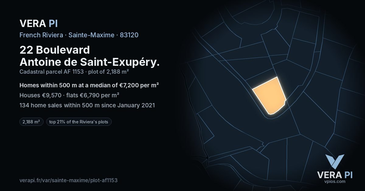 22 Boulevard Antoine de Saint-Exupéry, Sainte-Maxime at night – the plot lit, the parcels around coloured by the prices near them