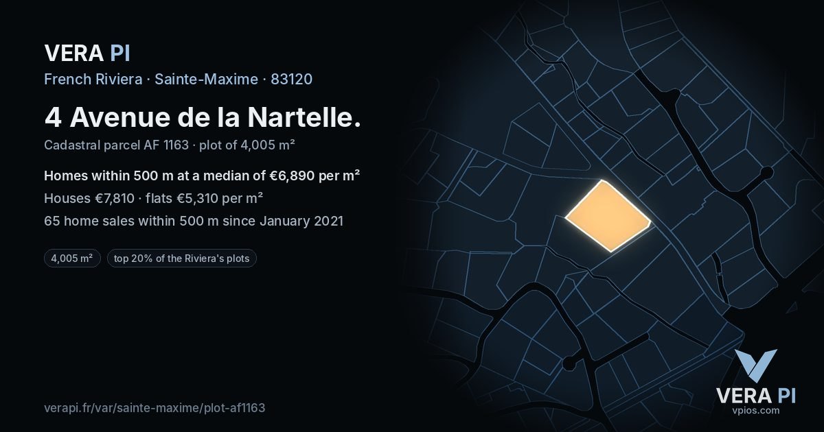 4 Avenue de la Nartelle, Sainte-Maxime at night – the plot lit, the parcels around coloured by the prices near them