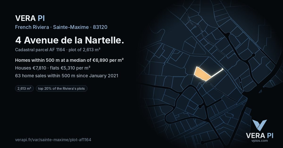 4 Avenue de la Nartelle, Sainte-Maxime at night – the plot lit, the parcels around coloured by the prices near them