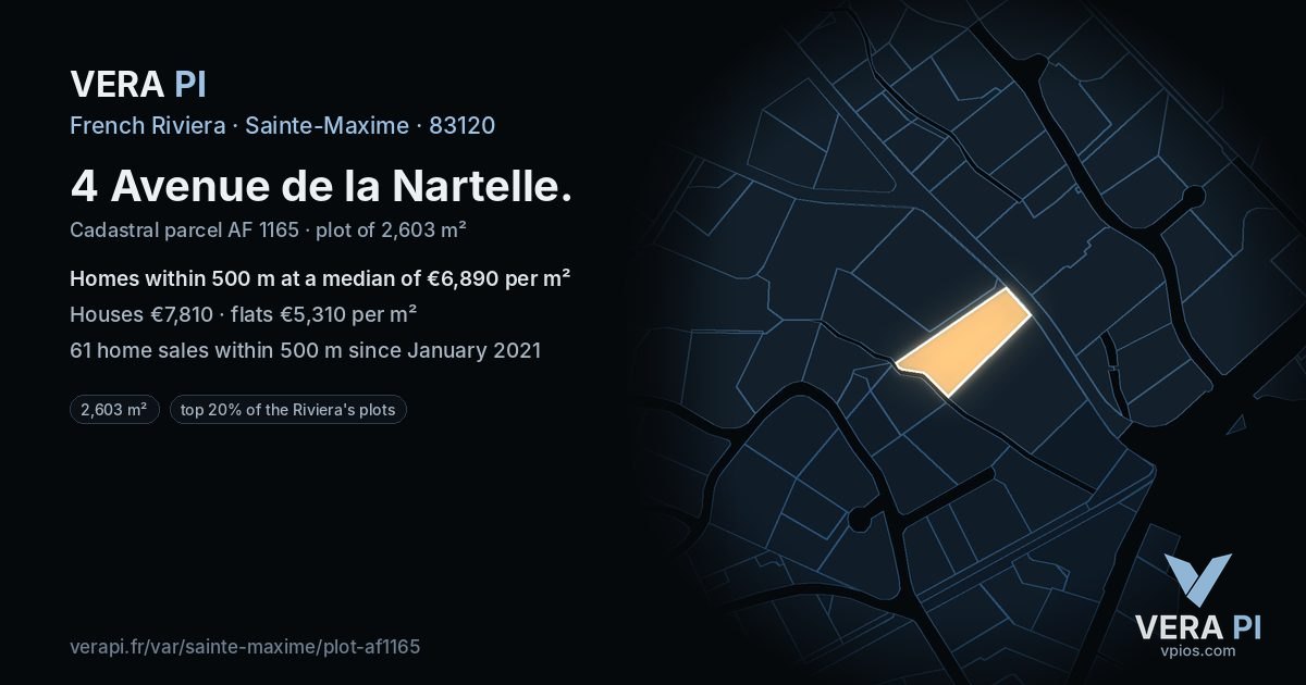 4 Avenue de la Nartelle, Sainte-Maxime at night – the plot lit, the parcels around coloured by the prices near them