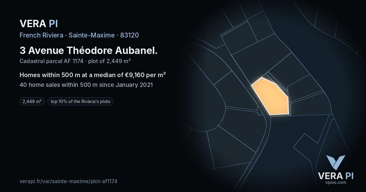 3 Avenue Théodore Aubanel, Sainte-Maxime at night – the plot lit, the parcels around coloured by the prices near them