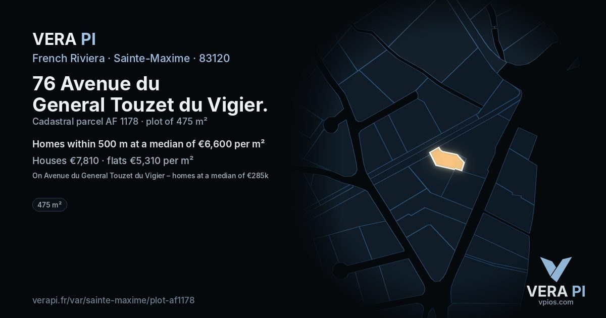 76 Avenue du General Touzet du Vigier, Sainte-Maxime at night – the plot lit, the parcels around coloured by the prices near them