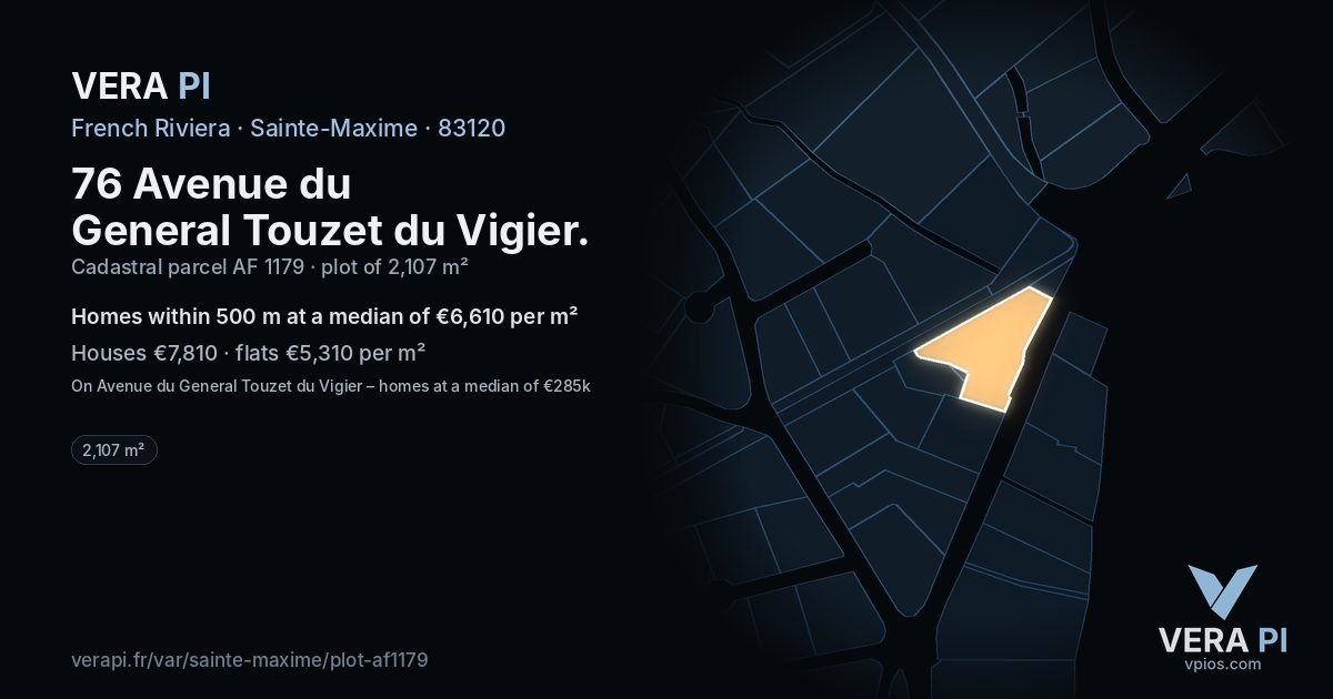 76 Avenue du General Touzet du Vigier, Sainte-Maxime at night – the plot lit, the parcels around coloured by the prices near them