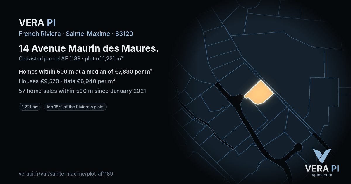 14 Avenue Maurin des Maures, Sainte-Maxime at night – the plot lit, the parcels around coloured by the prices near them
