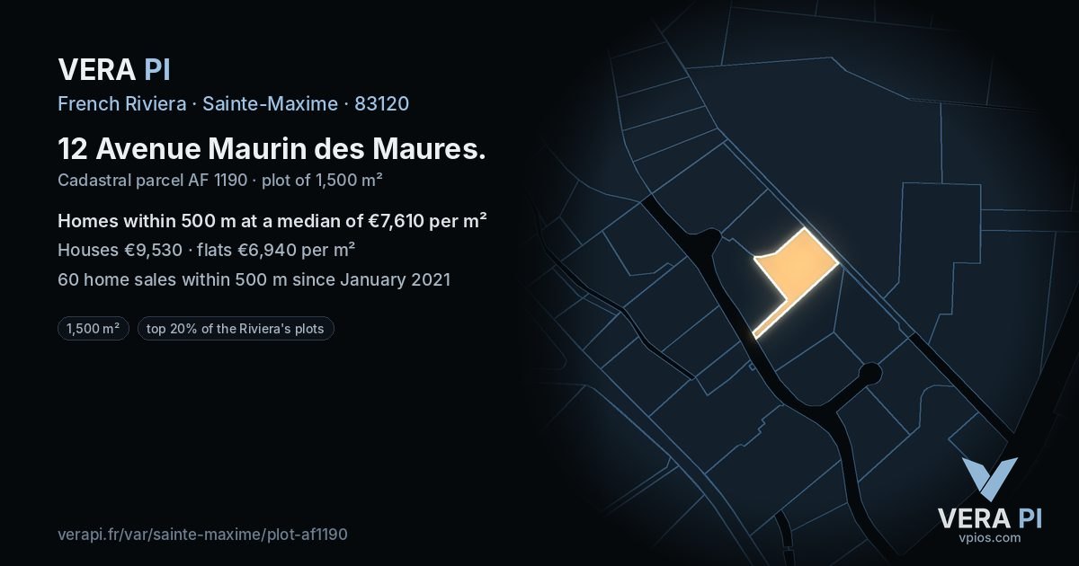 12 Avenue Maurin des Maures, Sainte-Maxime at night – the plot lit, the parcels around coloured by the prices near them
