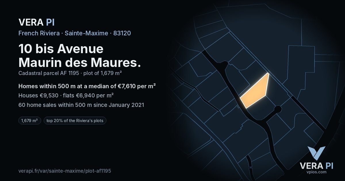 10 bis Avenue Maurin des Maures, Sainte-Maxime at night – the plot lit, the parcels around coloured by the prices near them