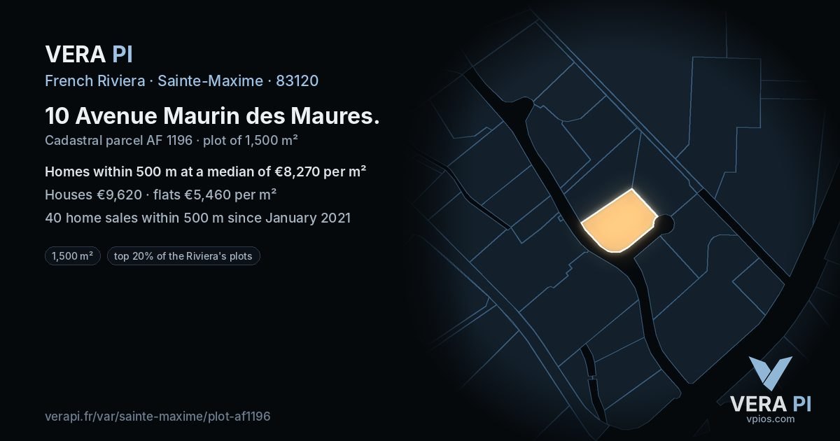 10 Avenue Maurin des Maures, Sainte-Maxime at night – the plot lit, the parcels around coloured by the prices near them