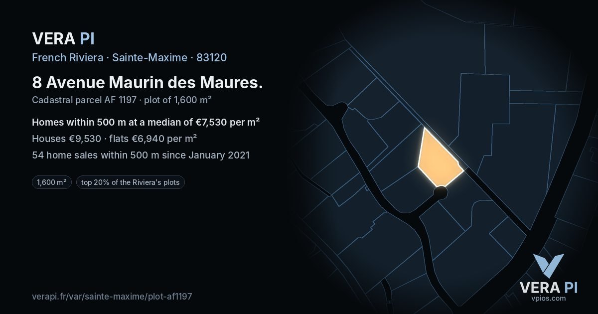 8 Avenue Maurin des Maures, Sainte-Maxime at night – the plot lit, the parcels around coloured by the prices near them