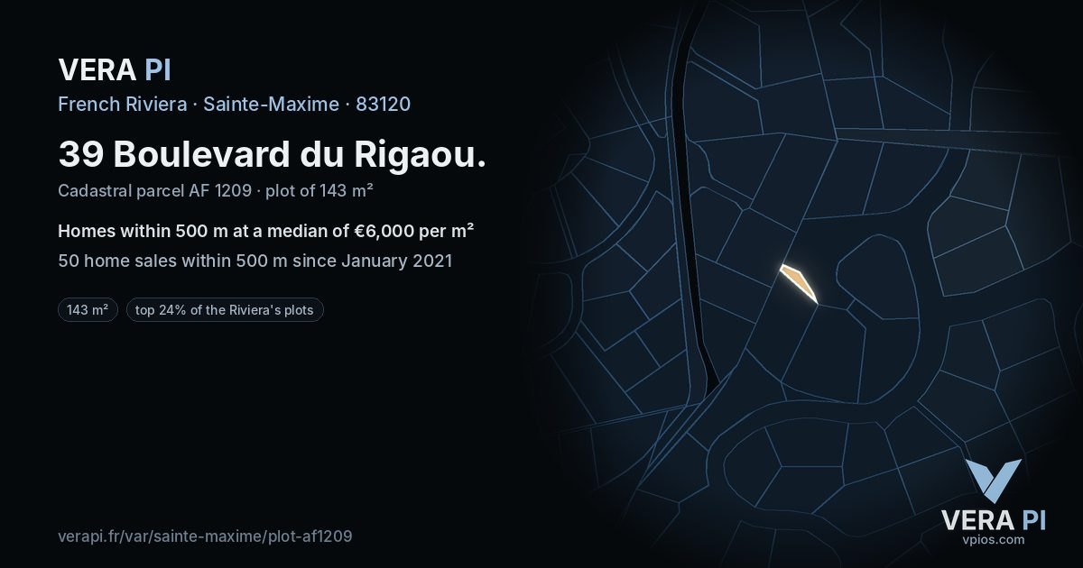 39 Boulevard du Rigaou, Sainte-Maxime at night – the plot lit, the parcels around coloured by the prices near them