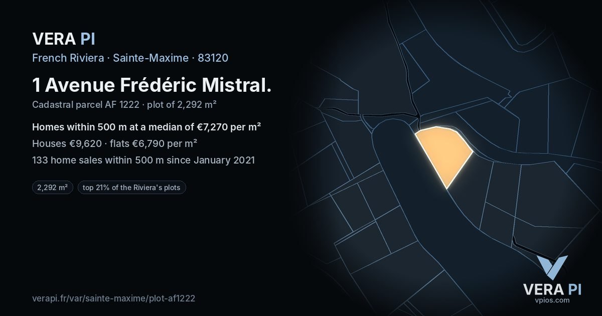 1 Avenue Frédéric Mistral, Sainte-Maxime at night – the plot lit, the parcels around coloured by the prices near them