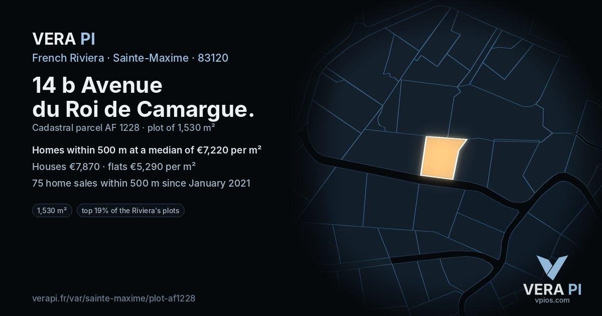 14 b Avenue du Roi de Camargue, Sainte-Maxime at night – the plot lit, the parcels around coloured by the prices near them