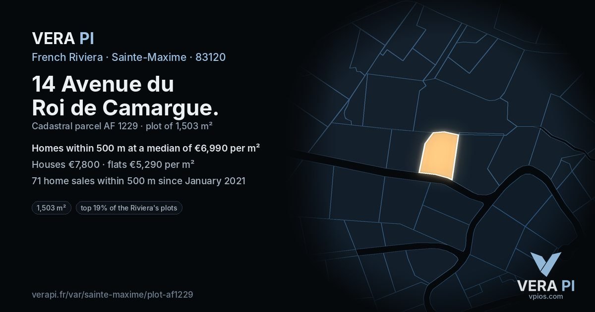 14 Avenue du Roi de Camargue, Sainte-Maxime at night – the plot lit, the parcels around coloured by the prices near them