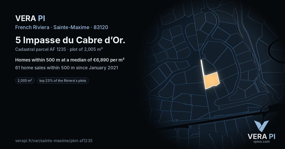 5 Impasse du Cabre d’Or, Sainte-Maxime at night – the plot lit, the parcels around coloured by the prices near them
