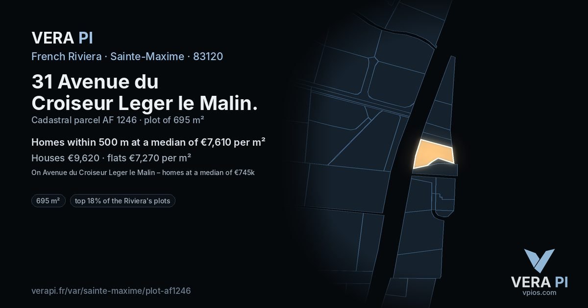 31 Avenue du Croiseur Leger le Malin, Sainte-Maxime at night – the plot lit, the parcels around coloured by the prices near them