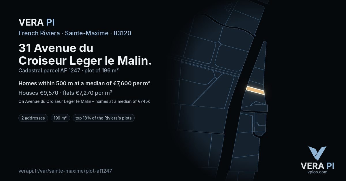31 Avenue du Croiseur Leger le Malin, Sainte-Maxime at night – the plot lit, the parcels around coloured by the prices near them