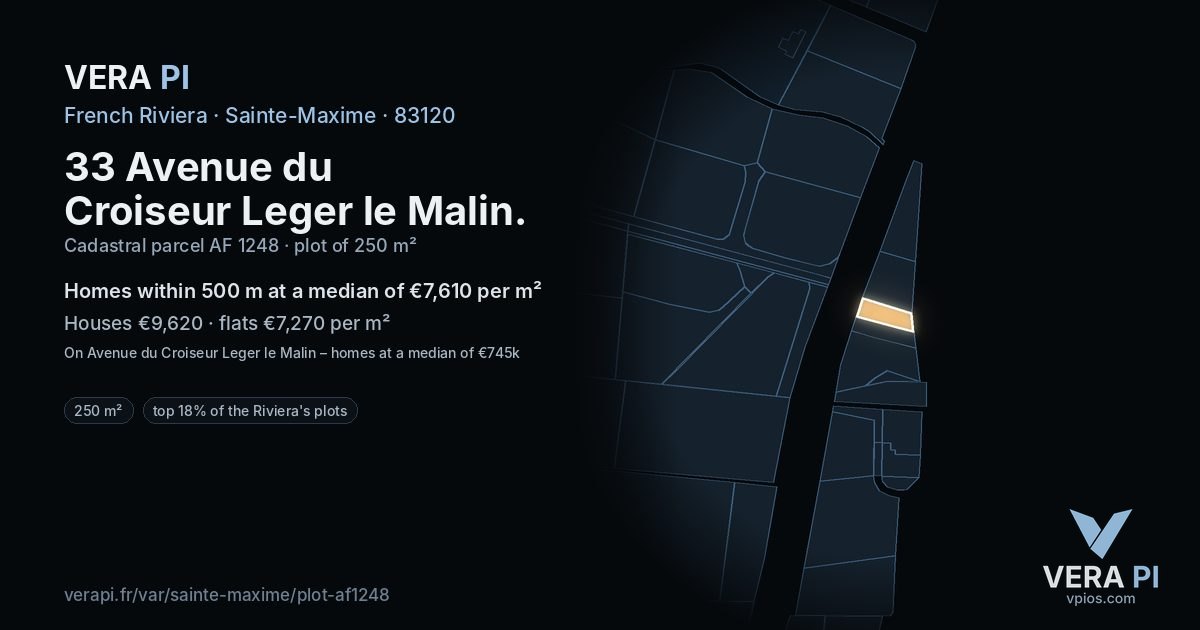 33 Avenue du Croiseur Leger le Malin, Sainte-Maxime at night – the plot lit, the parcels around coloured by the prices near them