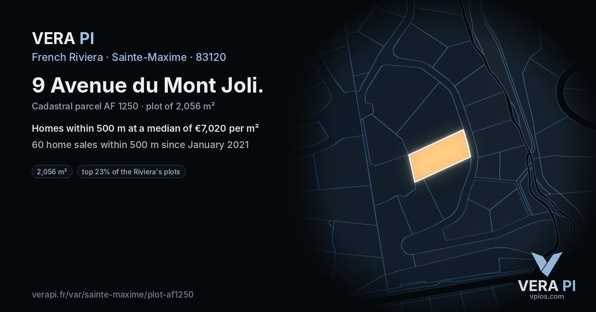 9 Avenue du Mont Joli, Sainte-Maxime at night – the plot lit, the parcels around coloured by the prices near them