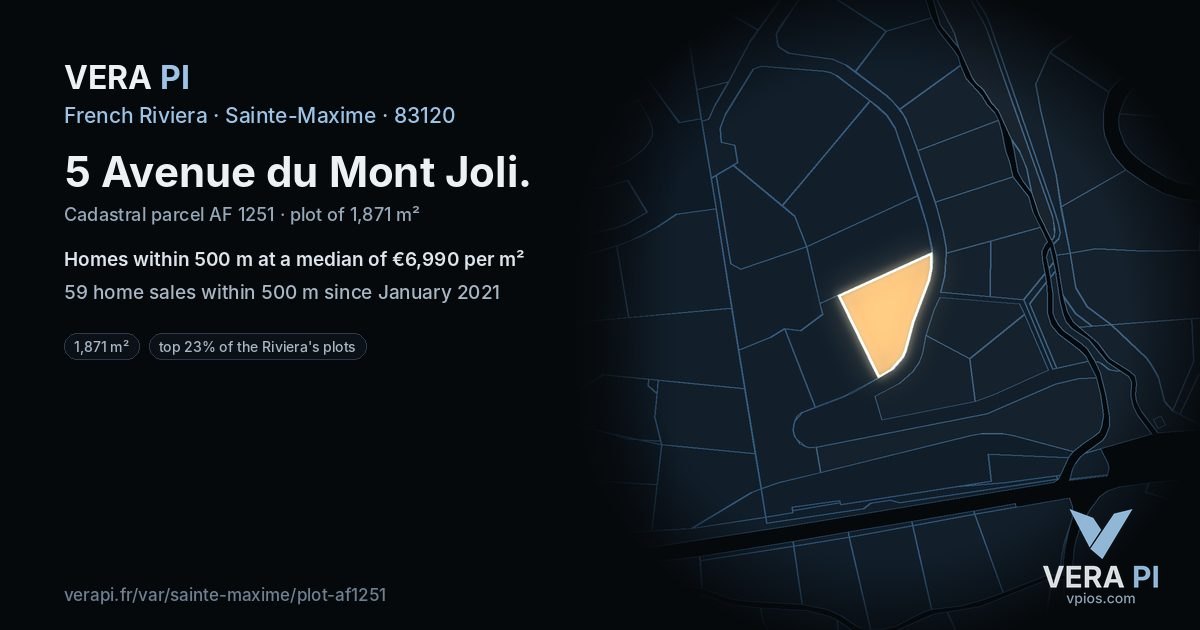 5 Avenue du Mont Joli, Sainte-Maxime at night – the plot lit, the parcels around coloured by the prices near them