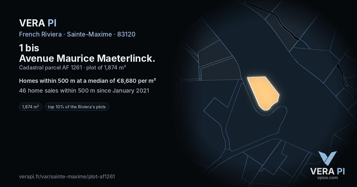 1 bis Avenue Maurice Maeterlinck, Sainte-Maxime at night – the plot lit, the parcels around coloured by the prices near them