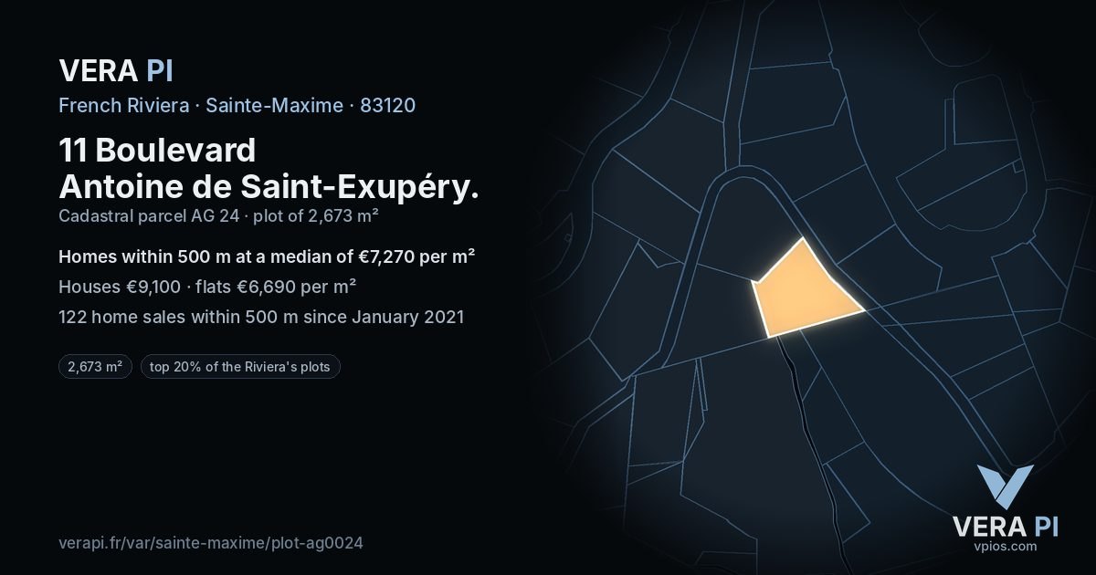 11 Boulevard Antoine de Saint-Exupéry, Sainte-Maxime at night – the plot lit, the parcels around coloured by the prices near them