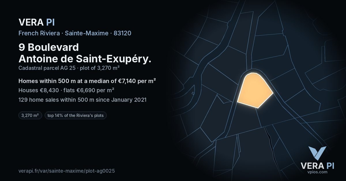 9 Boulevard Antoine de Saint-Exupéry, Sainte-Maxime at night – the plot lit, the parcels around coloured by the prices near them