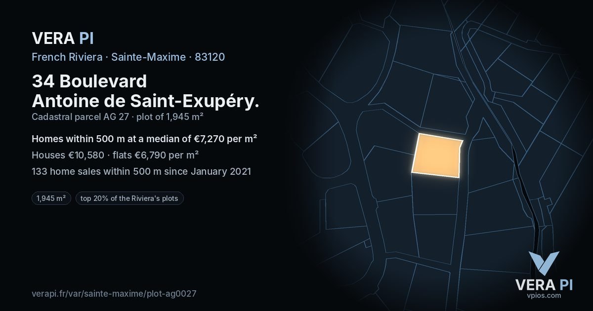 34 Boulevard Antoine de Saint-Exupéry, Sainte-Maxime at night – the plot lit, the parcels around coloured by the prices near them