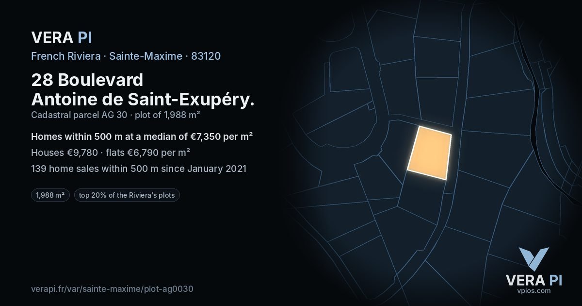 28 Boulevard Antoine de Saint-Exupéry, Sainte-Maxime at night – the plot lit, the parcels around coloured by the prices near them
