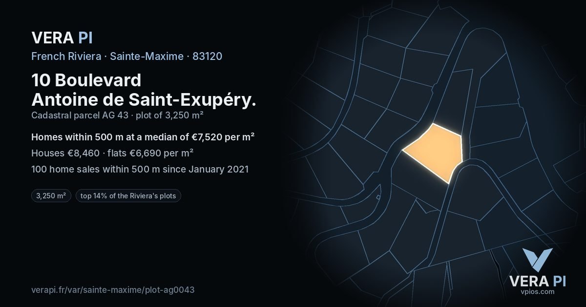 10 Boulevard Antoine de Saint-Exupéry, Sainte-Maxime at night – the plot lit, the parcels around coloured by the prices near them