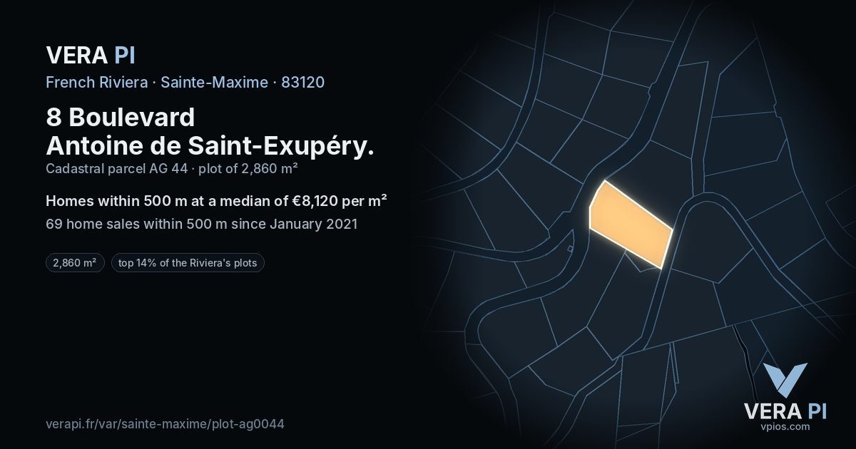 8 Boulevard Antoine de Saint-Exupéry, Sainte-Maxime at night – the plot lit, the parcels around coloured by the prices near them