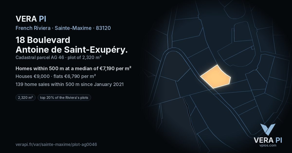 18 Boulevard Antoine de Saint-Exupéry, Sainte-Maxime at night – the plot lit, the parcels around coloured by the prices near them