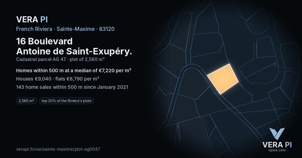 16 Boulevard Antoine de Saint-Exupéry, Sainte-Maxime at night – the plot lit, the parcels around coloured by the prices near them