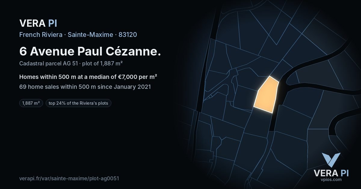 6 Avenue Paul Cézanne, Sainte-Maxime at night – the plot lit, the parcels around coloured by the prices near them