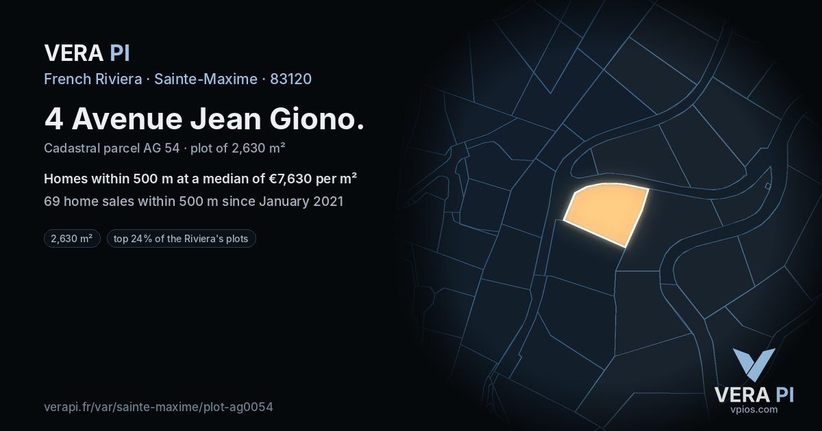 4 Avenue Jean Giono, Sainte-Maxime at night – the plot lit, the parcels around coloured by the prices near them