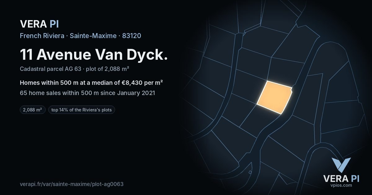 11 Avenue Van Dyck, Sainte-Maxime at night – the plot lit, the parcels around coloured by the prices near them