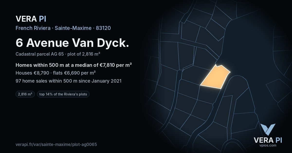 6 Avenue Van Dyck, Sainte-Maxime at night – the plot lit, the parcels around coloured by the prices near them