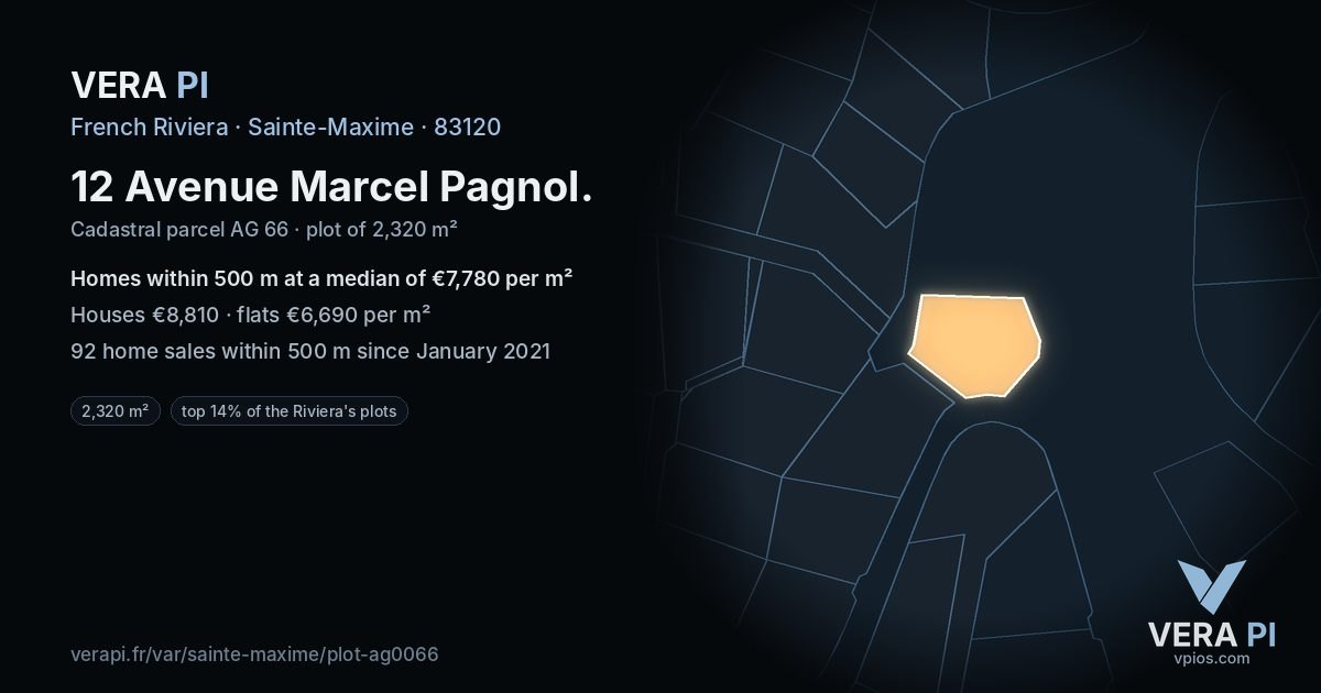 12 Avenue Marcel Pagnol, Sainte-Maxime at night – the plot lit, the parcels around coloured by the prices near them