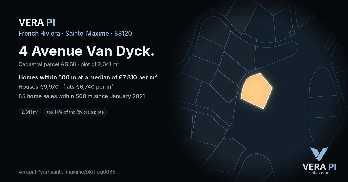 4 Avenue Van Dyck, Sainte-Maxime at night – the plot lit, the parcels around coloured by the prices near them