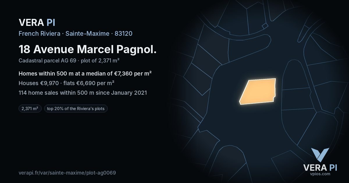 18 Avenue Marcel Pagnol, Sainte-Maxime at night – the plot lit, the parcels around coloured by the prices near them