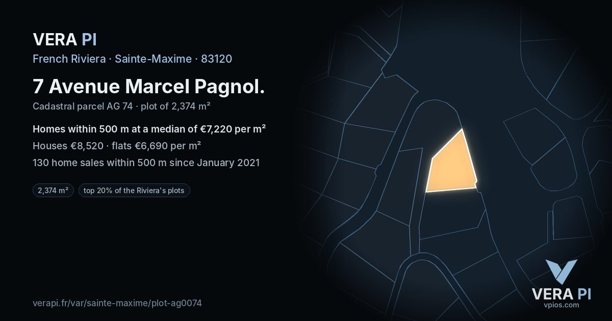 7 Avenue Marcel Pagnol, Sainte-Maxime at night – the plot lit, the parcels around coloured by the prices near them