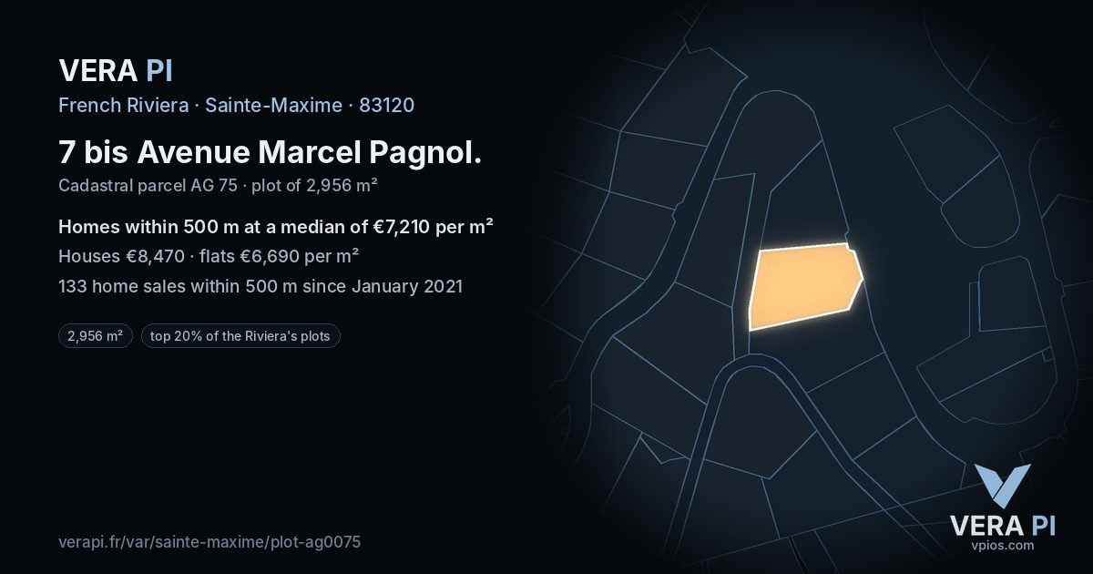 7 bis Avenue Marcel Pagnol, Sainte-Maxime at night – the plot lit, the parcels around coloured by the prices near them