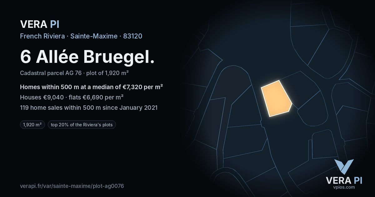 6 Allée Bruegel, Sainte-Maxime at night – the plot lit, the parcels around coloured by the prices near them