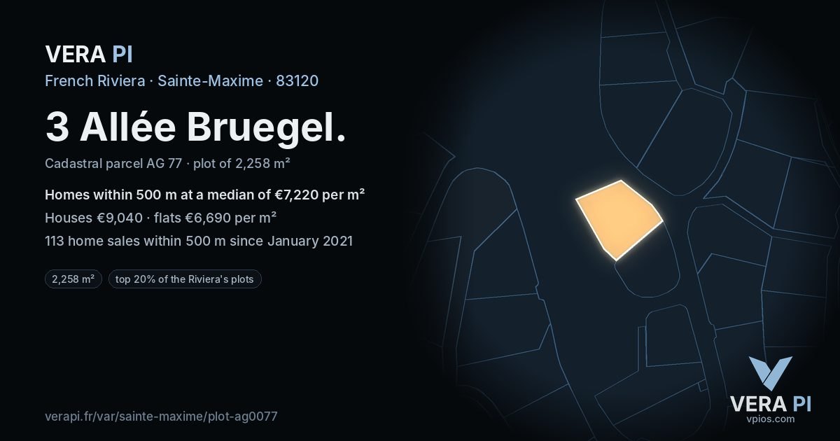 3 Allée Bruegel, Sainte-Maxime at night – the plot lit, the parcels around coloured by the prices near them