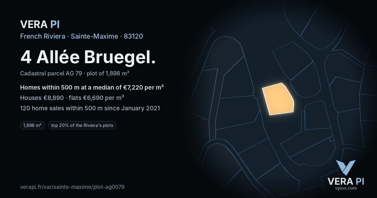 4 Allée Bruegel, Sainte-Maxime at night – the plot lit, the parcels around coloured by the prices near them
