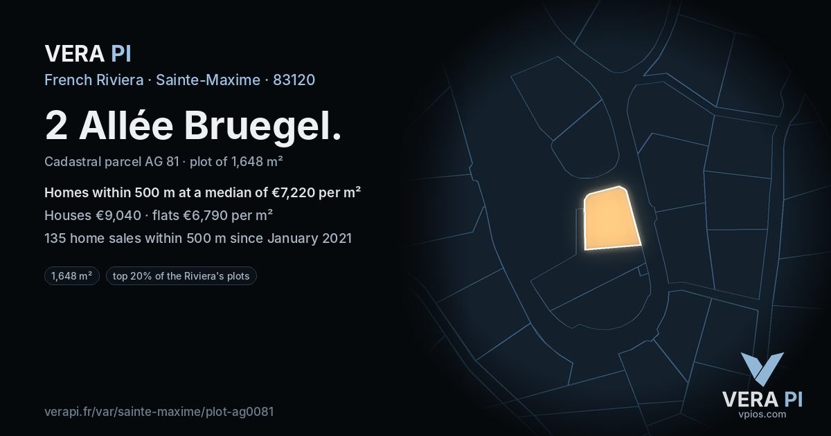 2 Allée Bruegel, Sainte-Maxime at night – the plot lit, the parcels around coloured by the prices near them