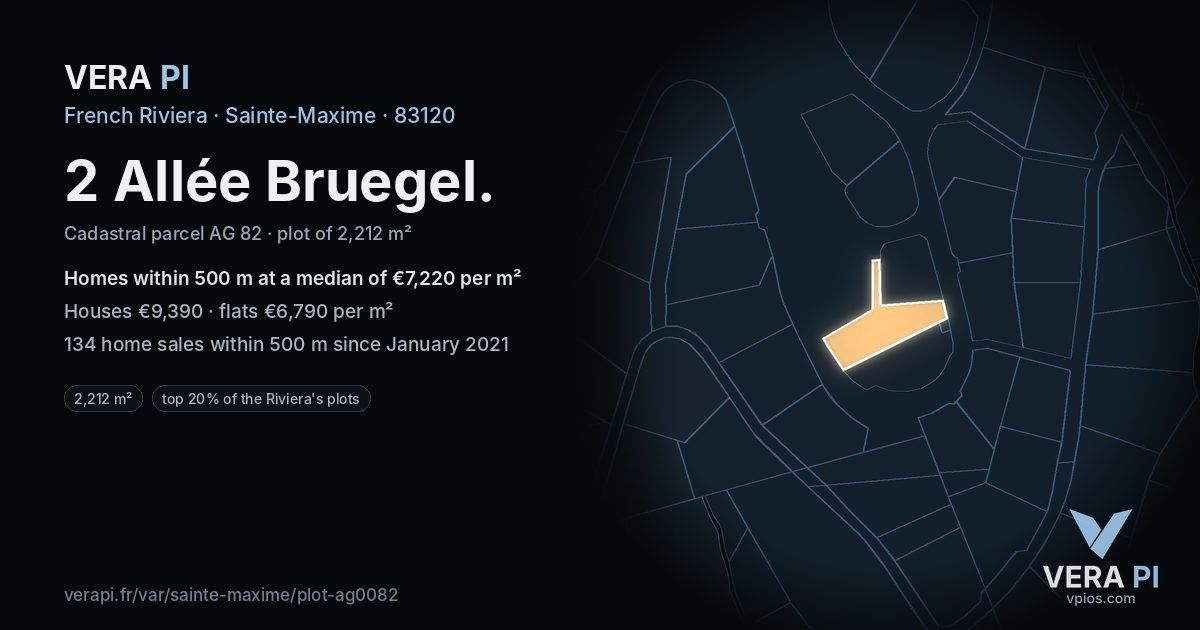 2 Allée Bruegel, Sainte-Maxime at night – the plot lit, the parcels around coloured by the prices near them