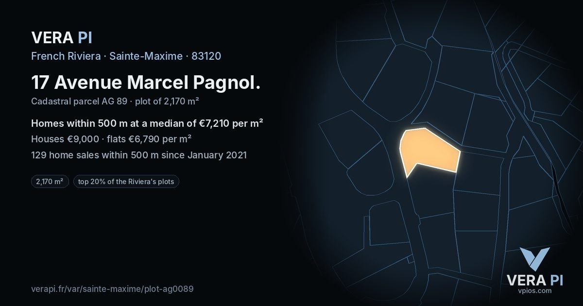 17 Avenue Marcel Pagnol, Sainte-Maxime at night – the plot lit, the parcels around coloured by the prices near them