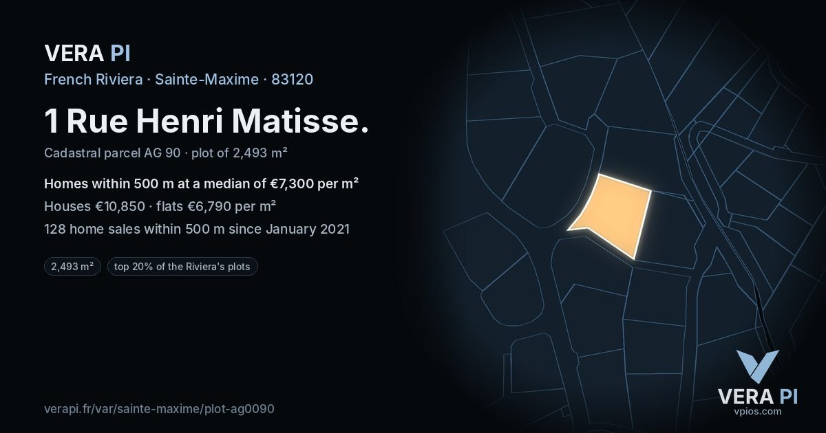 1 Rue Henri Matisse, Sainte-Maxime at night – the plot lit, the parcels around coloured by the prices near them