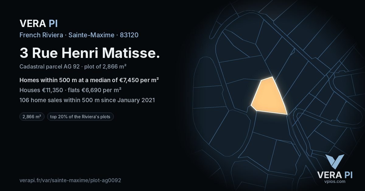 3 Rue Henri Matisse, Sainte-Maxime at night – the plot lit, the parcels around coloured by the prices near them