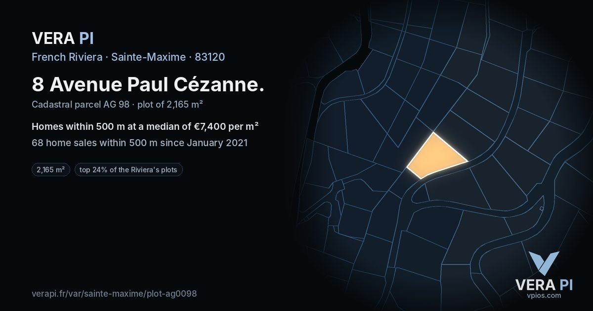 8 Avenue Paul Cézanne, Sainte-Maxime at night – the plot lit, the parcels around coloured by the prices near them